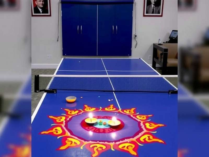 India Ping Pong Fever - Diwali Event India Ping Pong Fever Diwali special event showing decorated table with lamps and rangoli